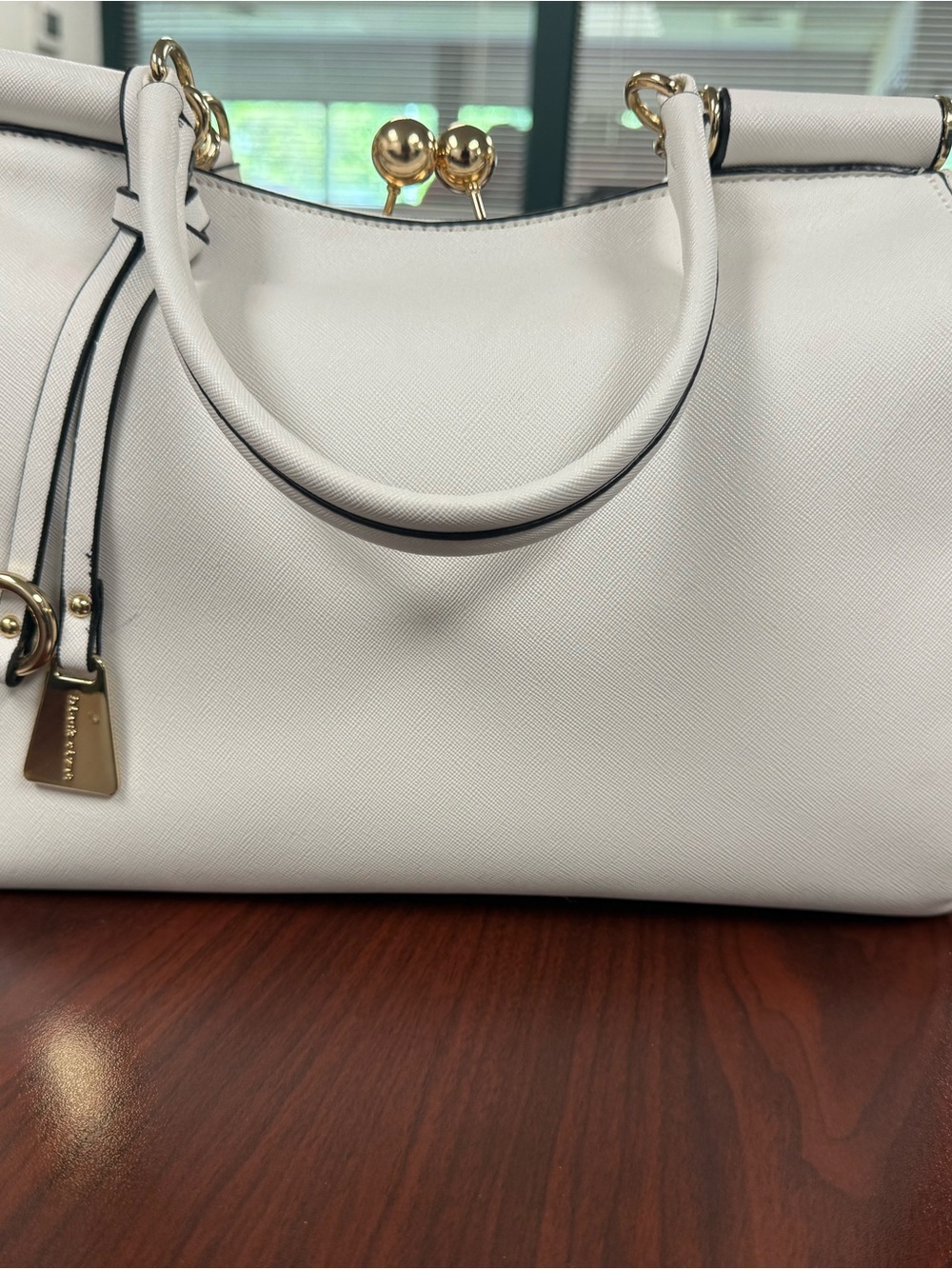 Black Rivet White Structured Satchel with Gold Hardware